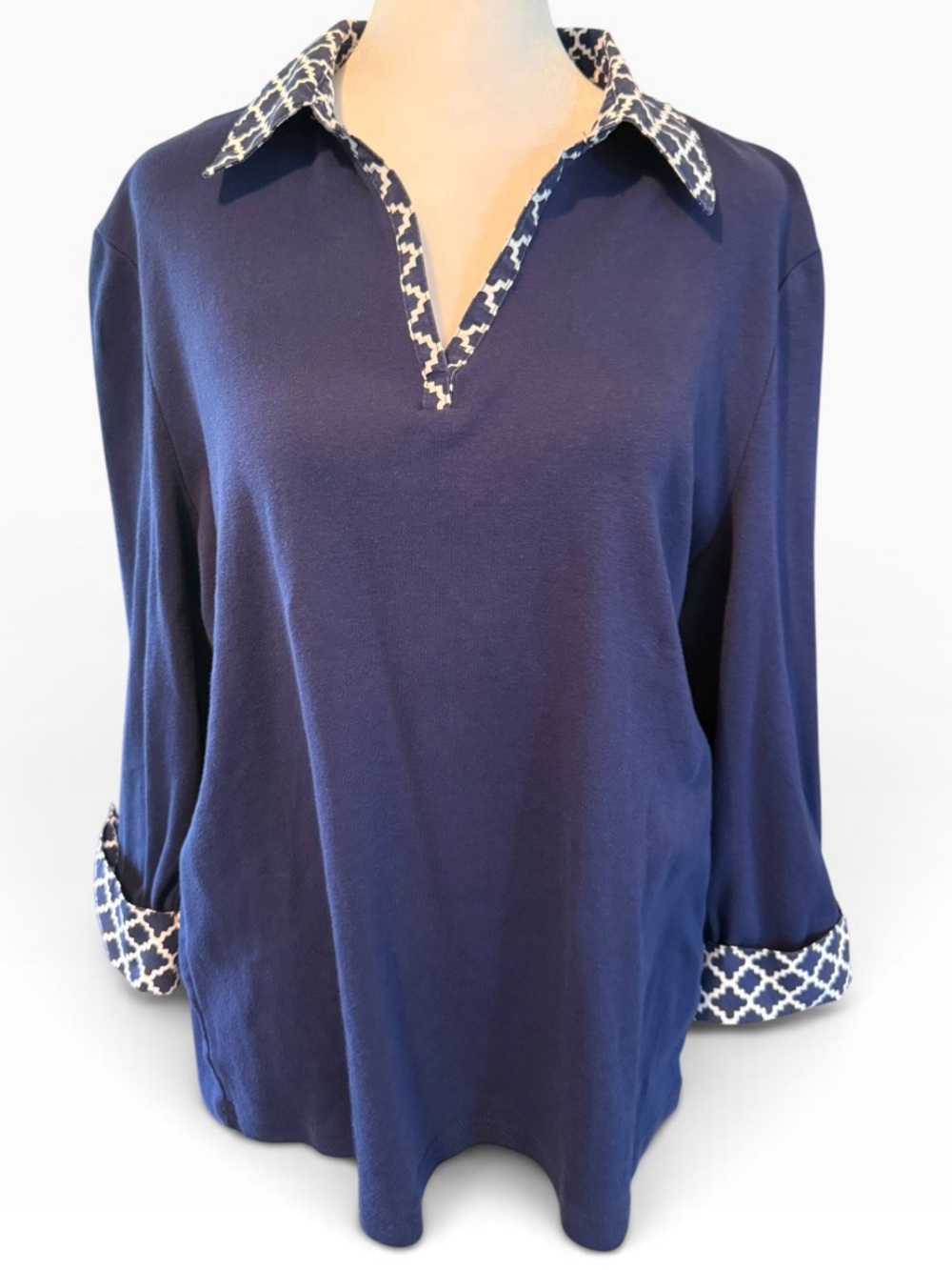 Women’s Karen Scott Navy Polo-Style Top with Patterned Trim EUC Size XL